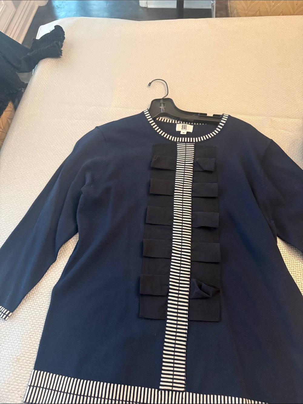 Navy Buttonless Knit Jacket with Striped Trim and Bow Placket